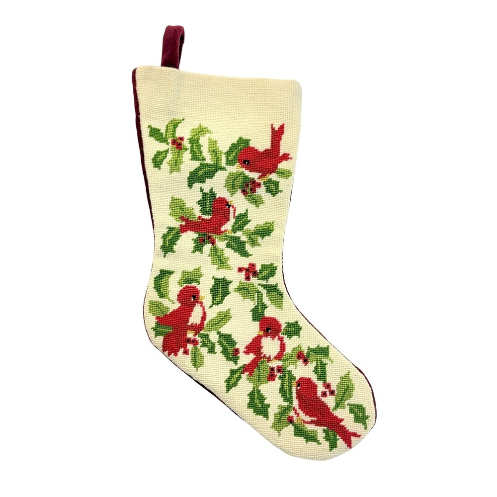 Vintage Needlepoint Christmas Stocking Red Cardinals Holly Berry Velvet Back 18"